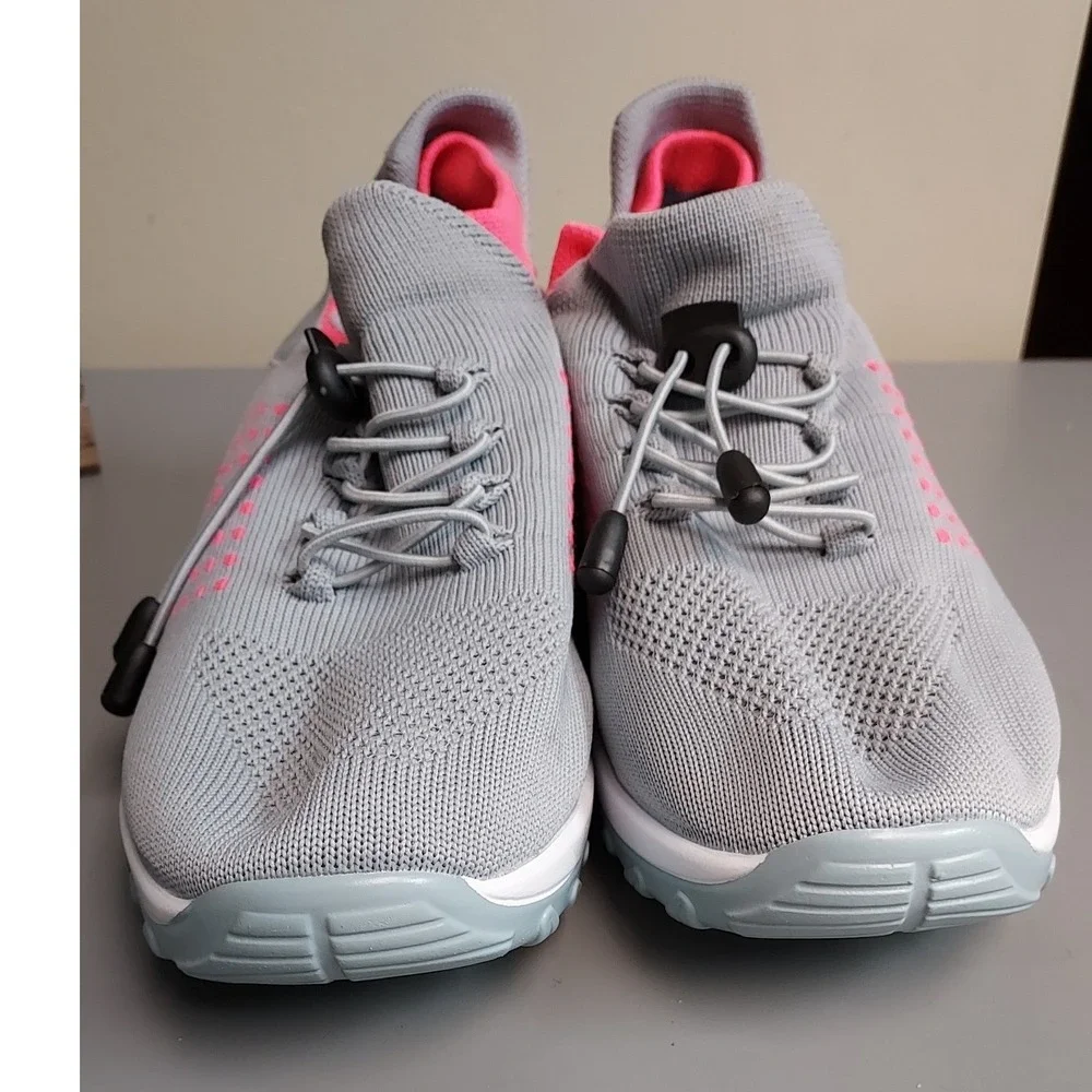MDDR TikTok Walking Shoes Womens 10 Gray Pink Bungee Lace Knit Mesh Sneakers